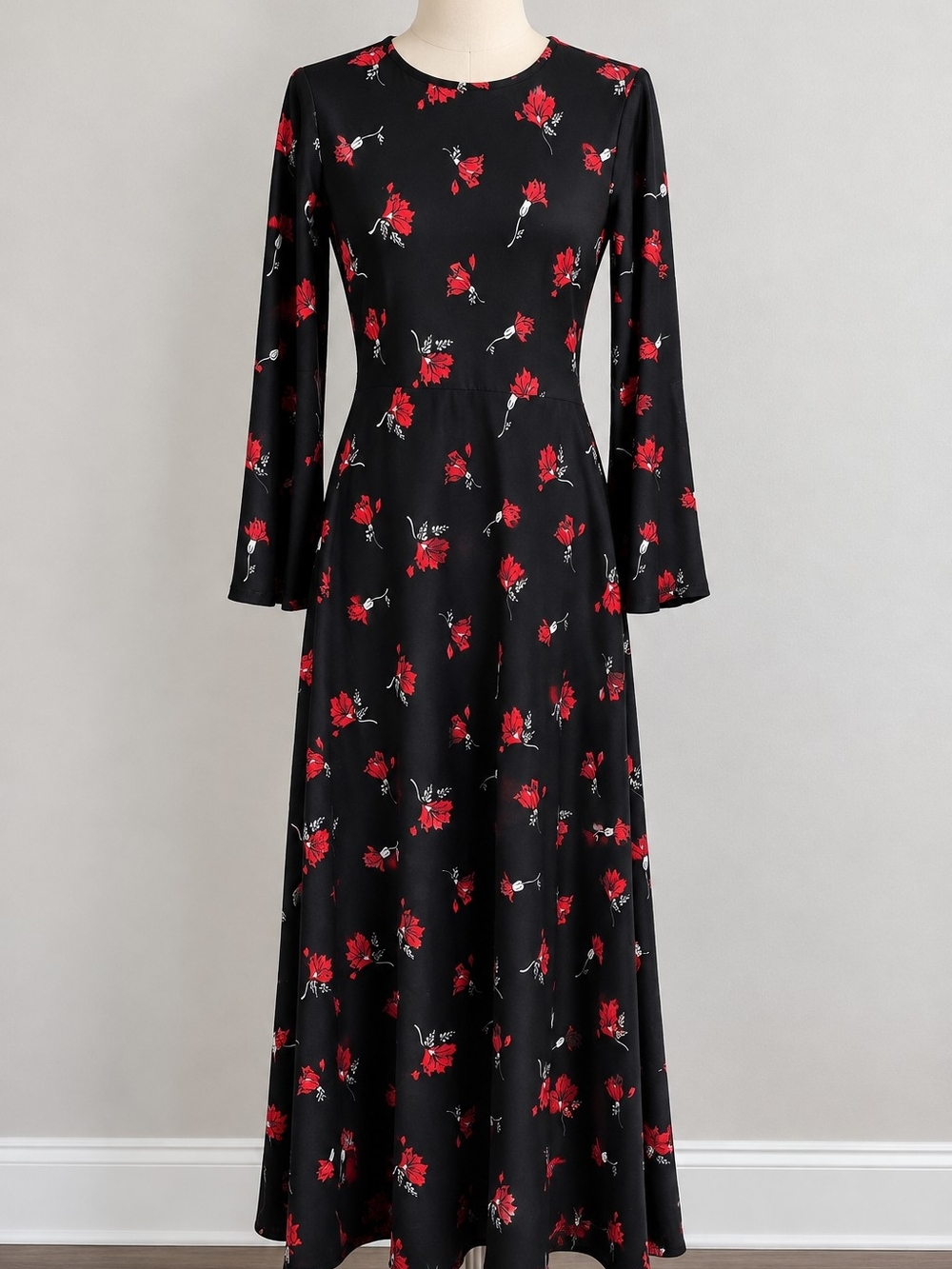 Black Maxi Dress with Red Floral Print — Long Sleeve